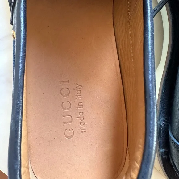 Gucci Web Accent Leather Boat Shoes Men’s Size 9.5 Dark Blue Excellent Condition
